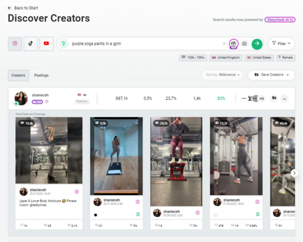 bild zeigt eine Ergebnisseite der Funktion Discovery Creators