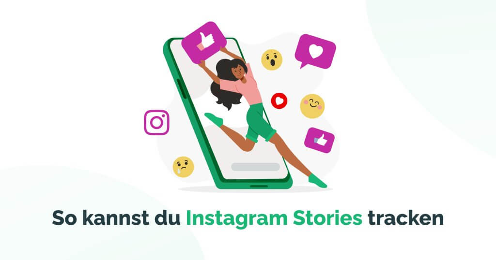 Eine Grafik mit einer Dame springt aus einem Smartphone und hält ein Herz hoch, typisches Symbol für Instagram