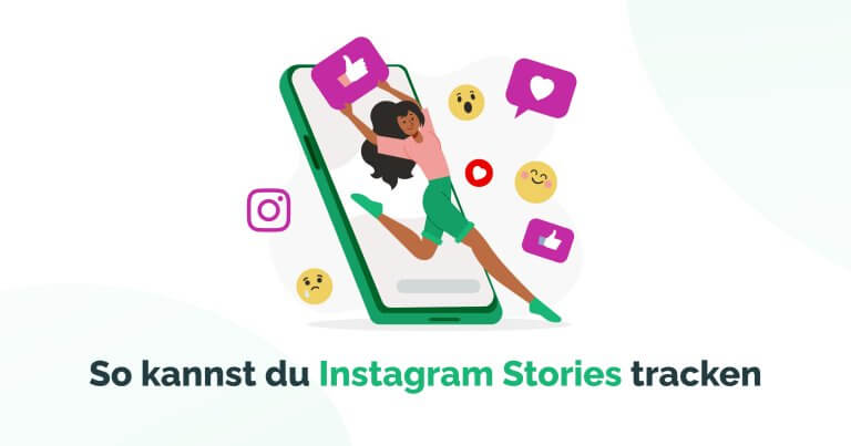 Eine Grafik mit einer Dame springt aus einem Smartphone und hält ein Herz hoch, typisches Symbol für Instagram
