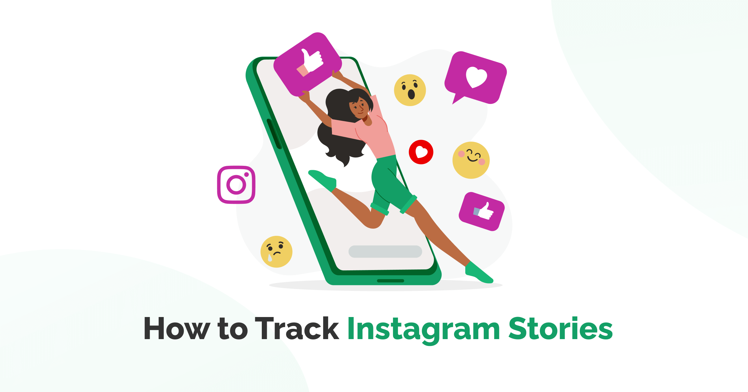 A graphic showing a woman jumping out of a smartphone and holding up a heart, a typical symbol for Instagram