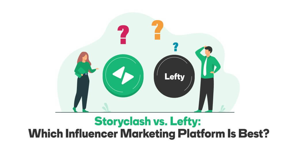 Two people stand in front of the Lefty and Storyclash logos and look questioningly at each other, wondering which software is better.