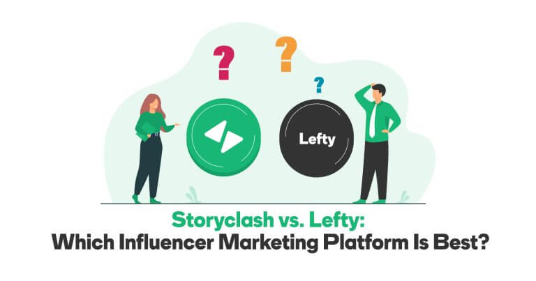 Two people stand in front of the Lefty and Storyclash logos and look questioningly at each other, wondering which software is better.
