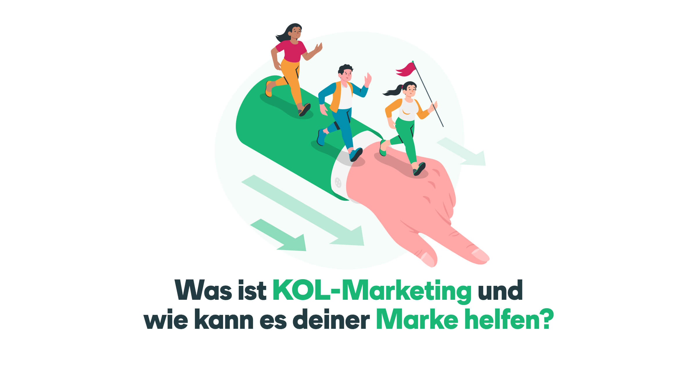 Eine Grafik einer Hand die in einer Richtung zeigt und Menschen die in diese Richtung laufen. Einem Leader folgen