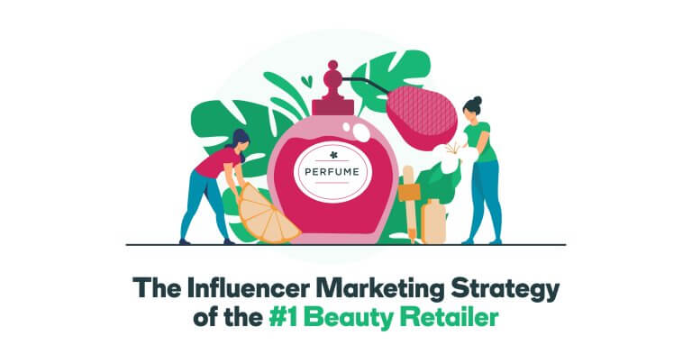 Two women are standing in front of a perfume bottle called Perfume.