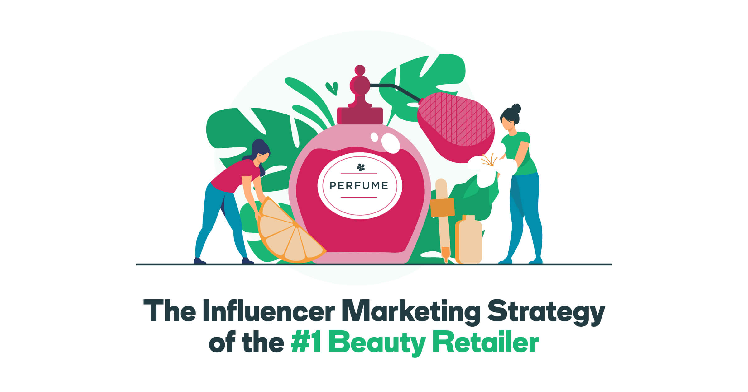 Two women are standing in front of a perfume bottle called Perfume.