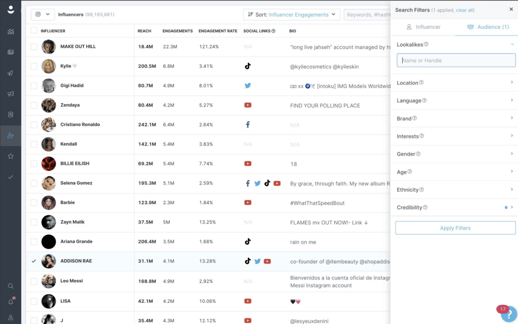 Graphical representation from the user interface of the InfluData software
