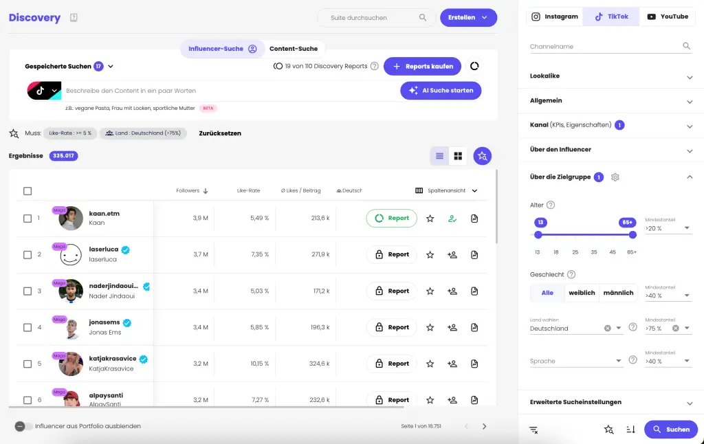 Graphical representation from the user interface of the IRION software