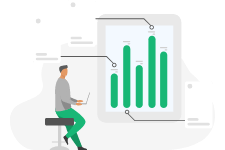 Image with a cartoon graphic showing a data analyst and his work