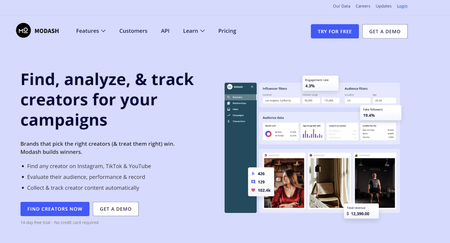 Screenshot der Internetseite von Modash Influencer Marketing, einer Alternative zu Storyclash.