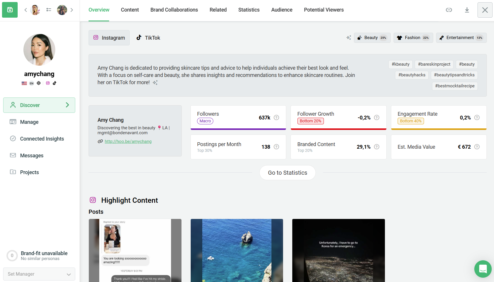Here you can see the user interface of the Storyclash software with the profile overview of influencer Amychang.