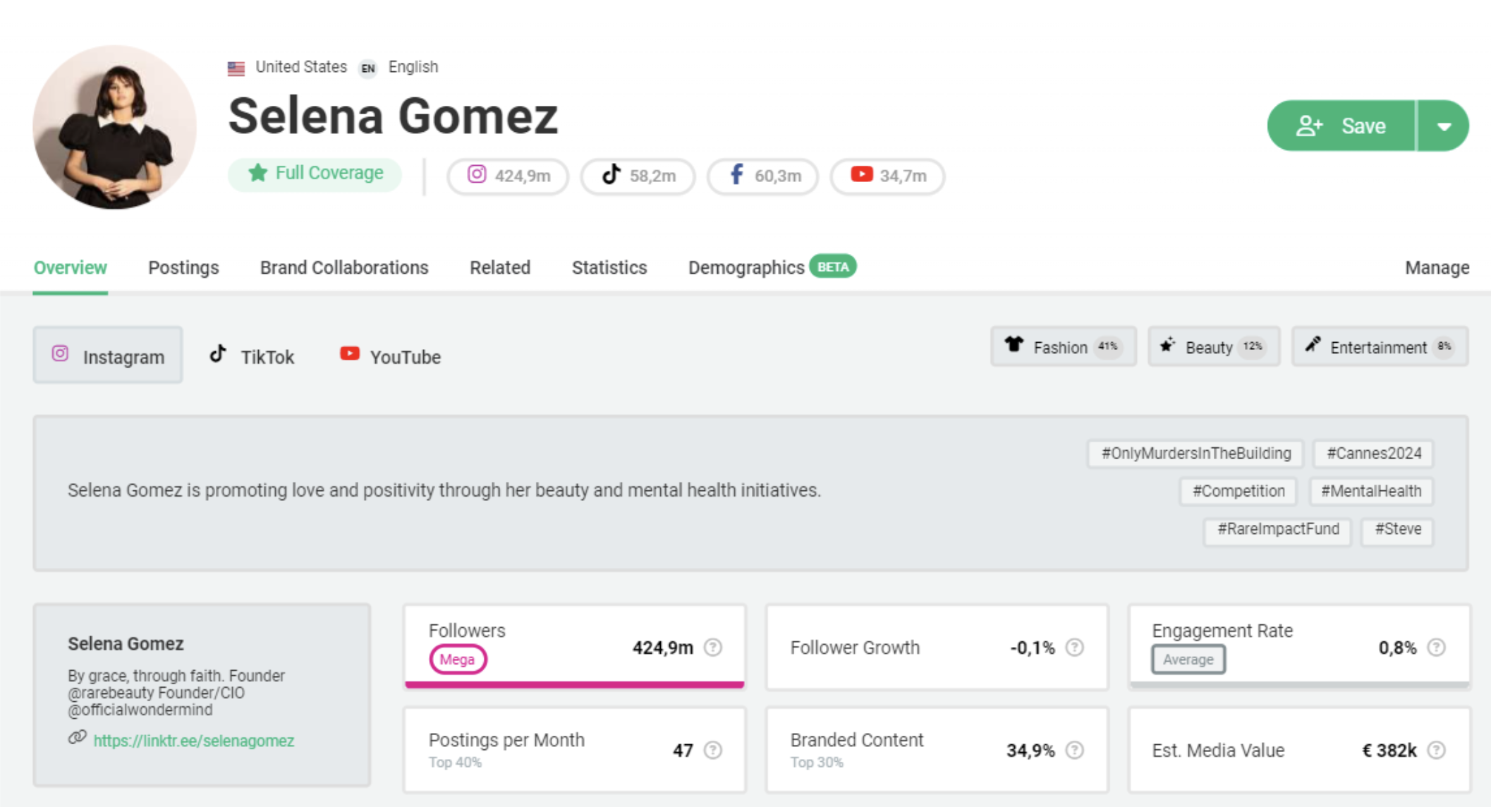 Grafik Selina Gomez Profil in Storyclash Influencer Marketing Software