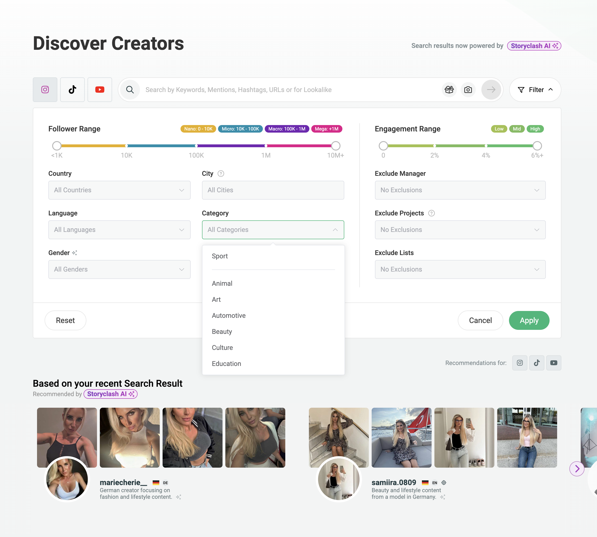 Storyclash Screenshot of a creator discovery tool interface displaying various influencer profiles, with filters for social platforms, reference image matching, and a save results option. The interface features creators’ profile pictures, usernames, and associated categories like art, fashion, and entertainment.