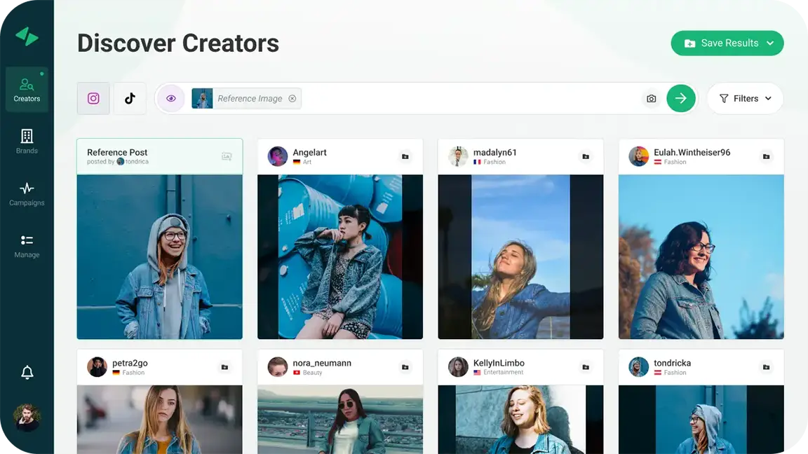 Storyclash Screenshot of a creator discovery tool interface displaying various influencer profiles, with filters for social platforms, reference image matching, and a save results option. The interface features creators’ profile pictures, usernames, and associated categories like art, fashion, and entertainment.