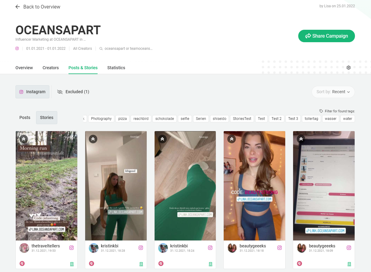 creenshot of an influencer marketing campaign dashboard for ‘OceansApart,’ showcasing Instagram posts and stories from various creators. The interface displays content thumbnails, creator usernames, timestamps, and campaign-related tags. Users can filter posts, sort by recency, and share the campaign. The layout includes tabs for overview, creators, posts & stories, and statistics