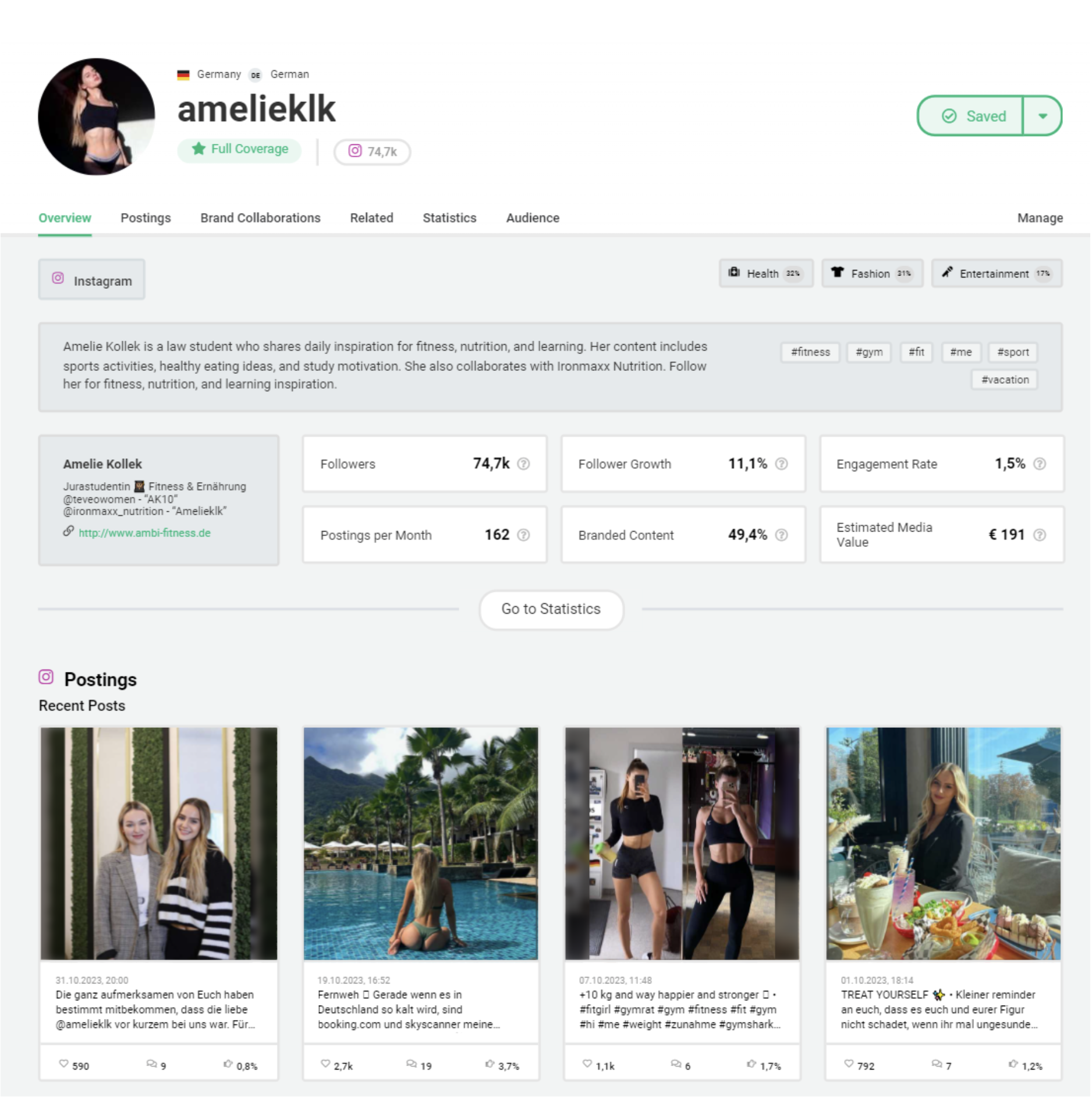 A visual representation of an influencer profile from the influencer marketing software Storyclah