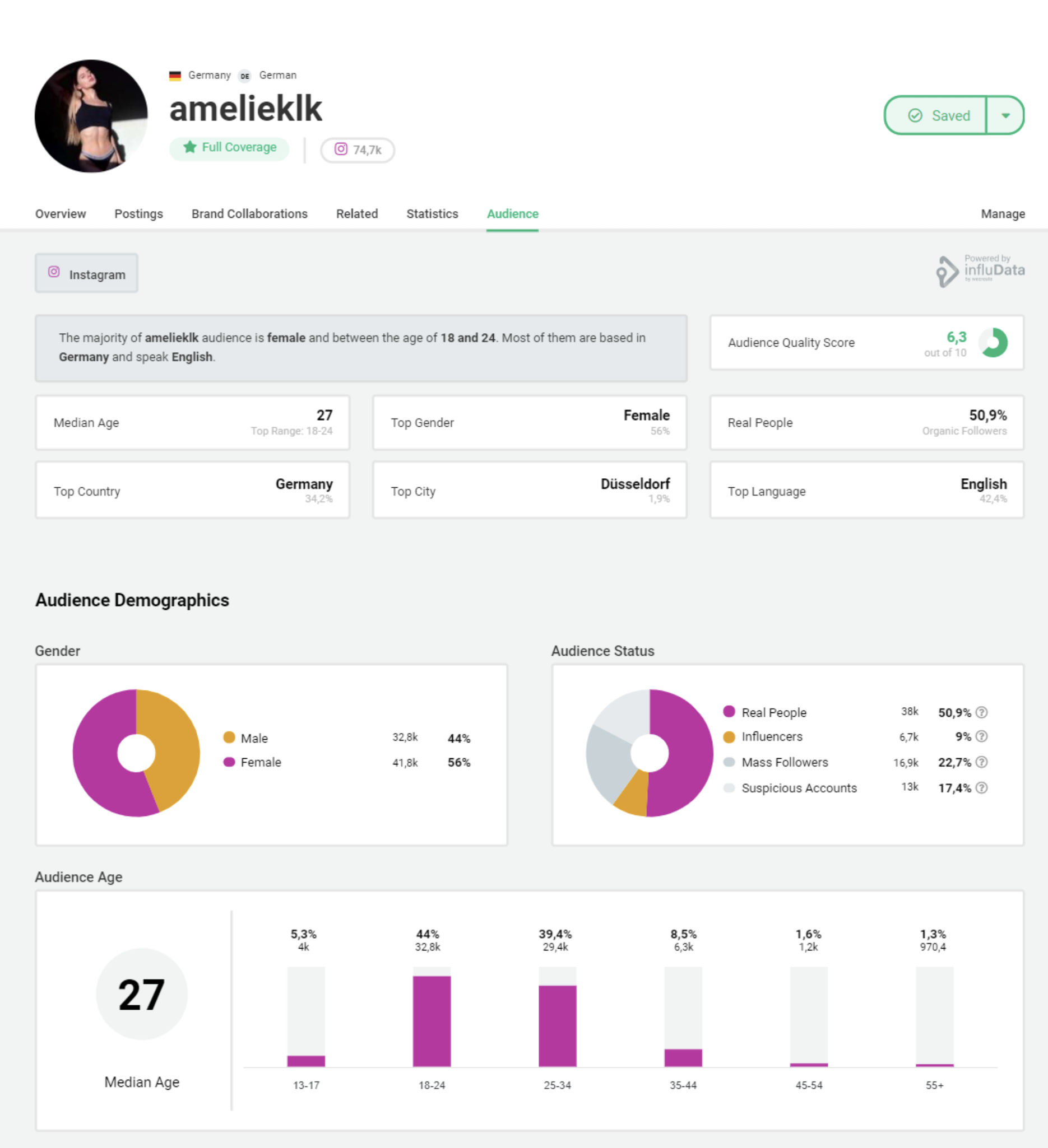 A visual representation of an influencer profile amelieklk and Statistics from the influencer marketing software Storyclah