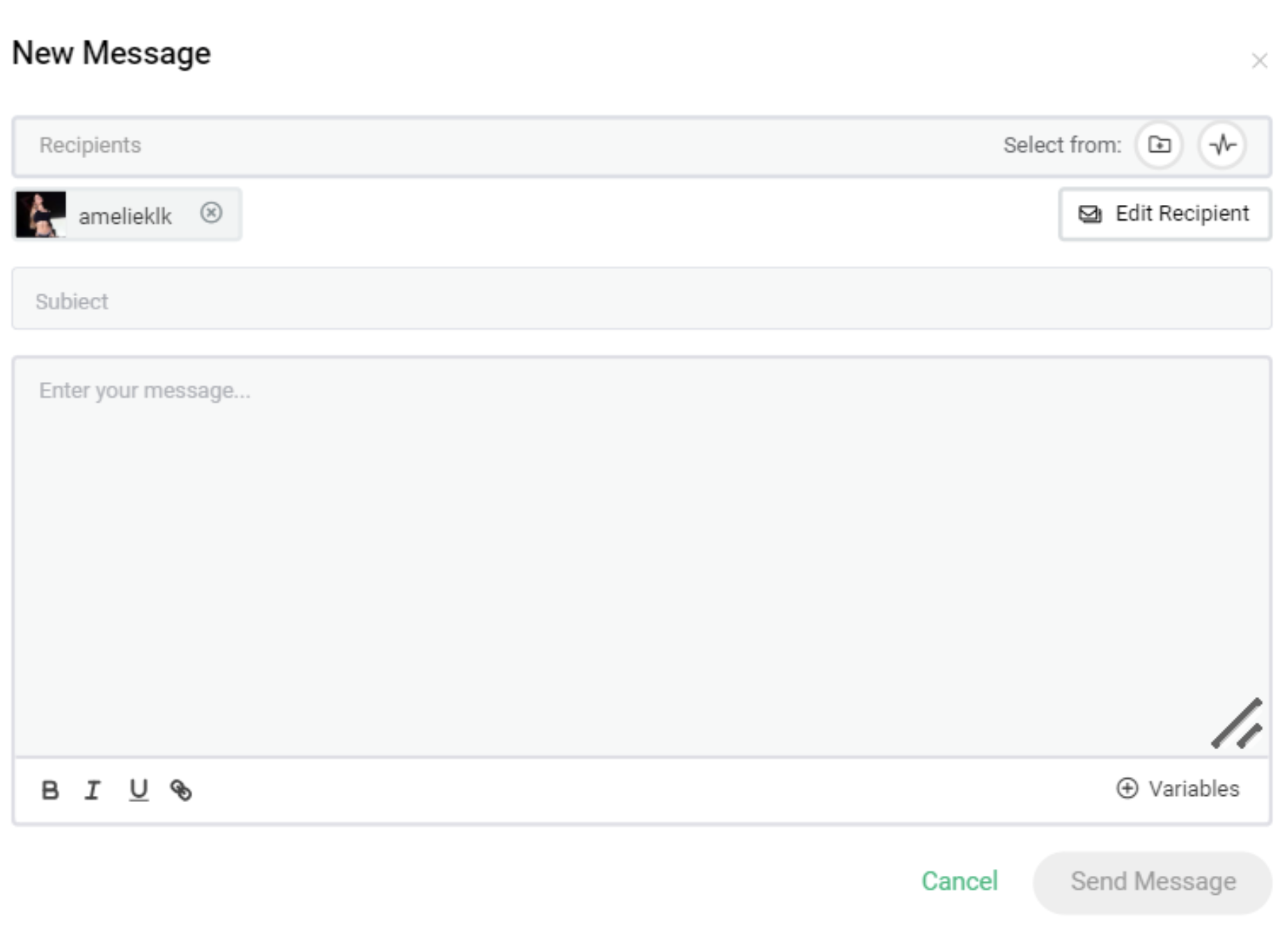 A visual representation of an Window with a draft of a new message from the influencer marketing software Storyclah