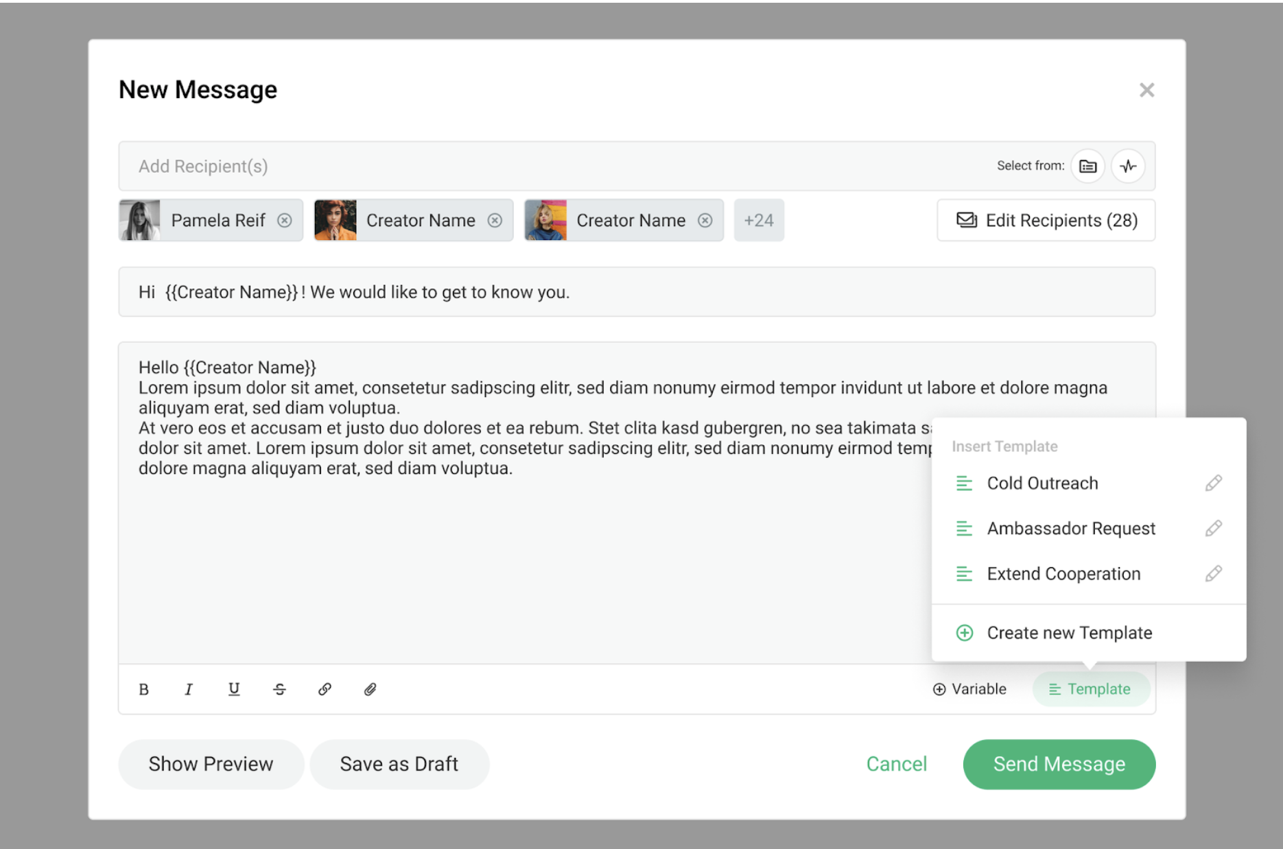 A visual representation of an Window with a draft of a new message from Influencerin amelieklk in the influencer marketing software Storyclah