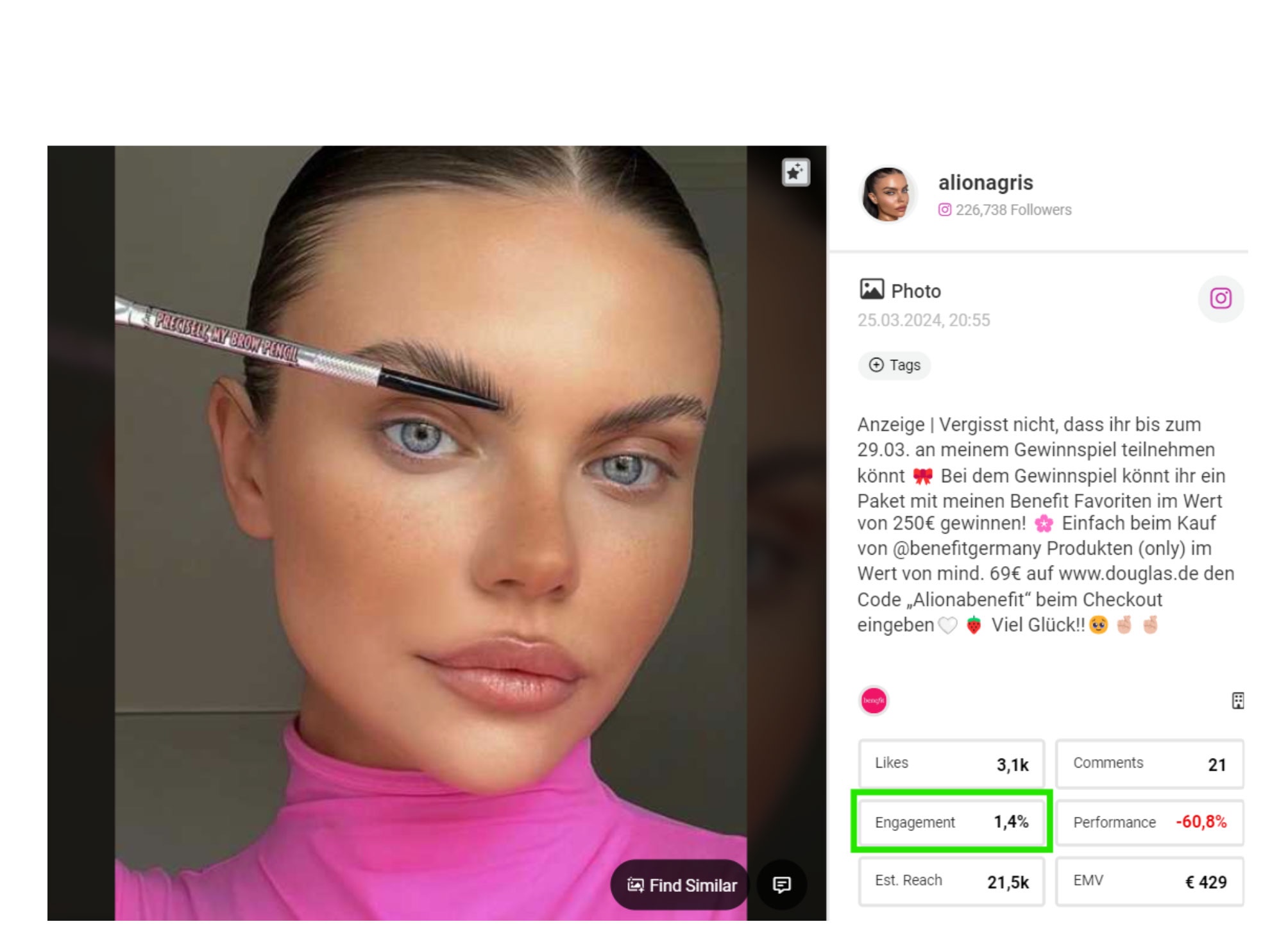 Bild mit Engagement rate in der Storyclash-Software