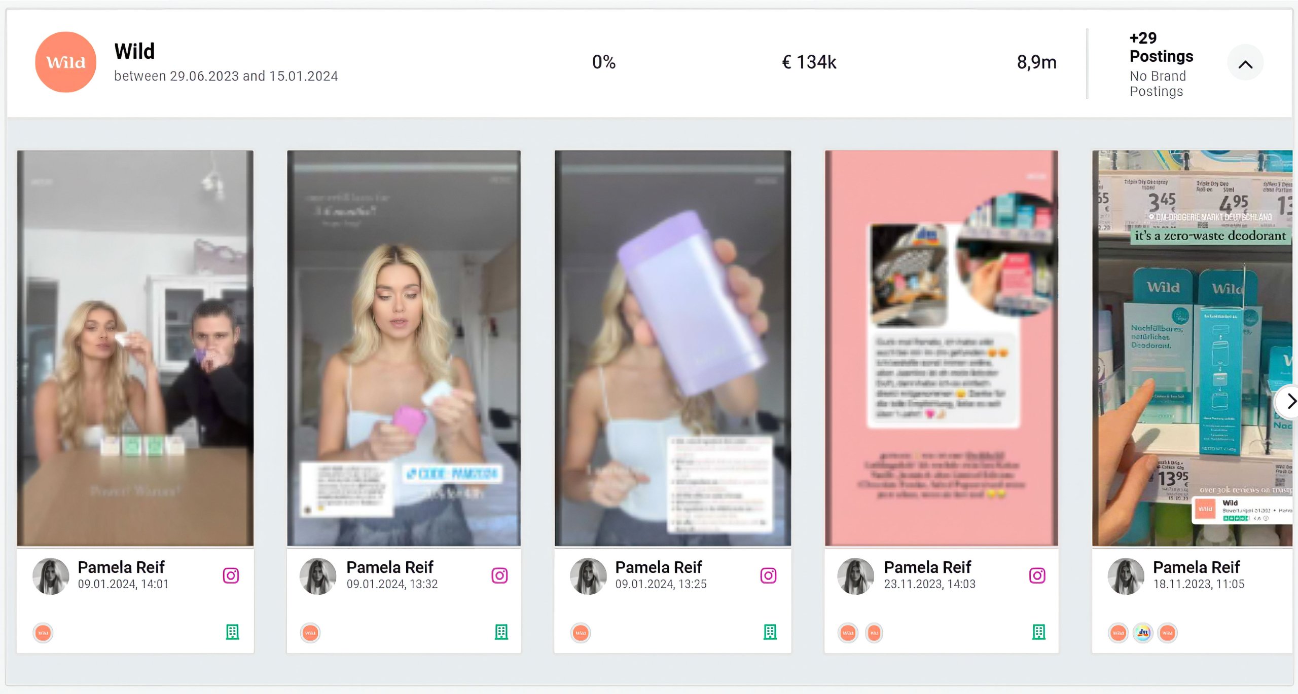 For example, star influencer Pamela Reif recently mentioned sustainable deodorant brand Wild in her stories.