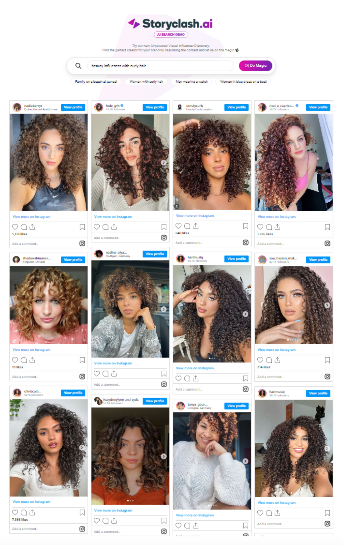 User Interface from Storyclash.ai To apply filters and contact influencers directly, try using the full Influencer Discovery suite from Storyclash
