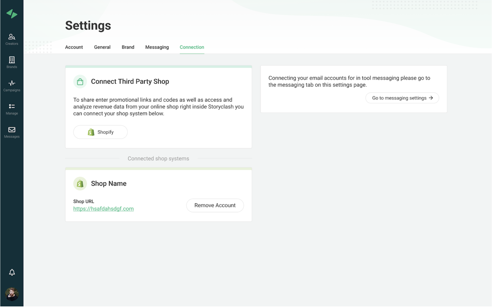 The image shows the Storyclash Setting for connectivity to Shopify