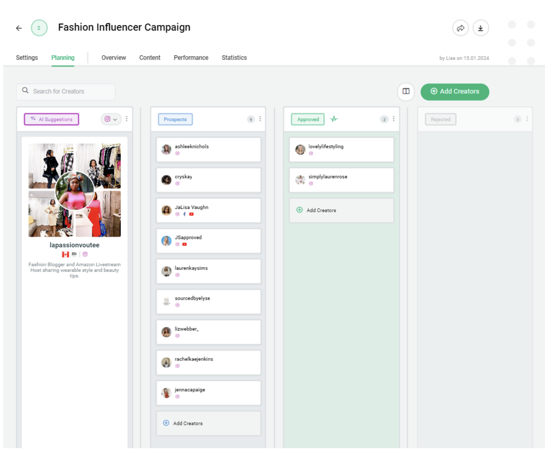 The image shows the Storyclash setting for the setting Influencer in planning Shopify Champian
