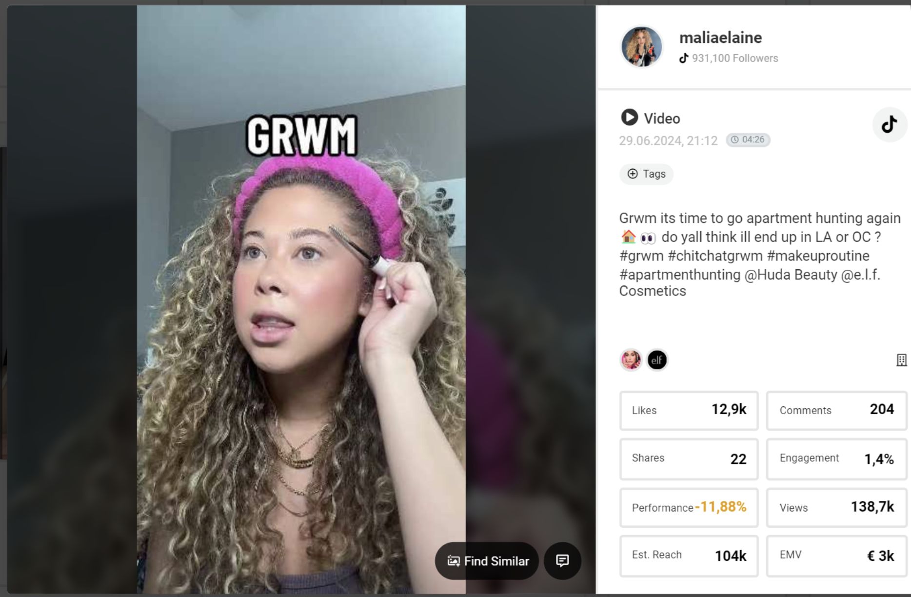 The image shows a post by an influencer applying make-up to her eyes.