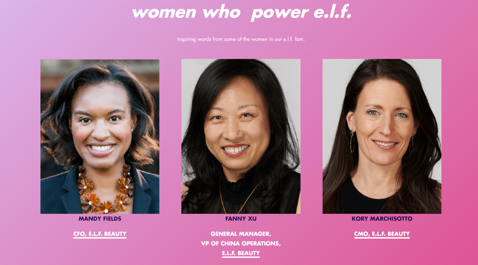 Banner from the company communicate the powered by an inspiring female leadership team.