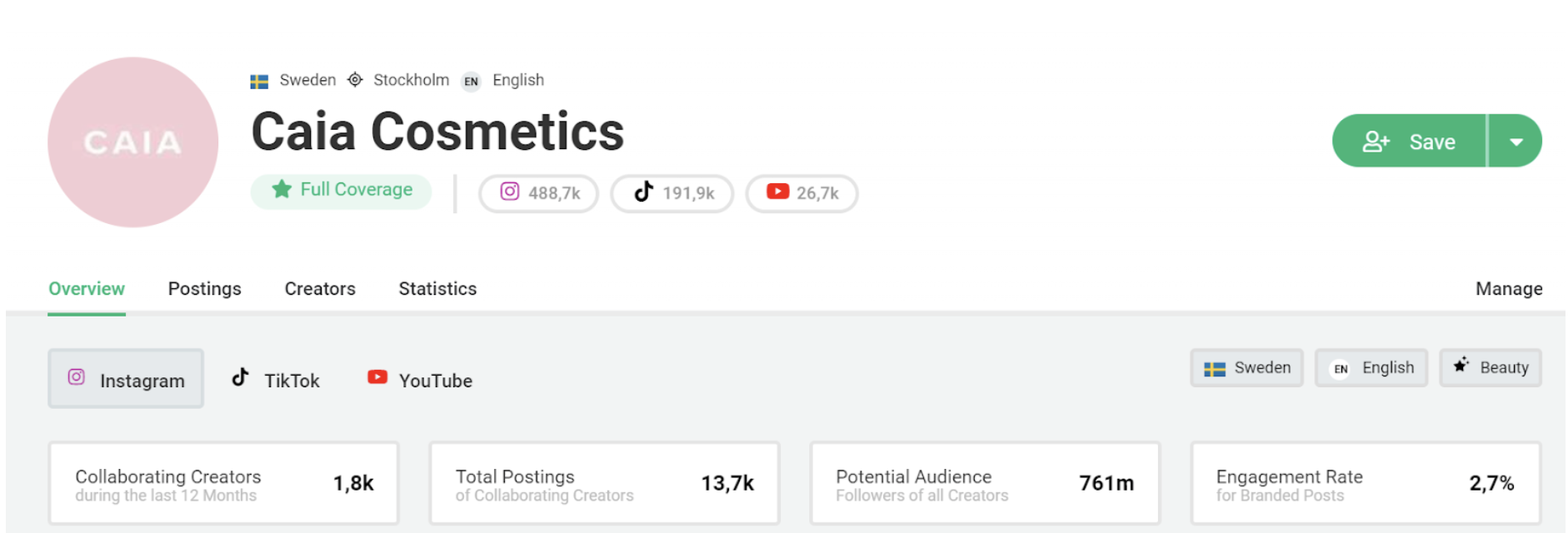 Bild Blick auf die Instagram-Strategie der Marke in Storyclash Influencer Marketing Software