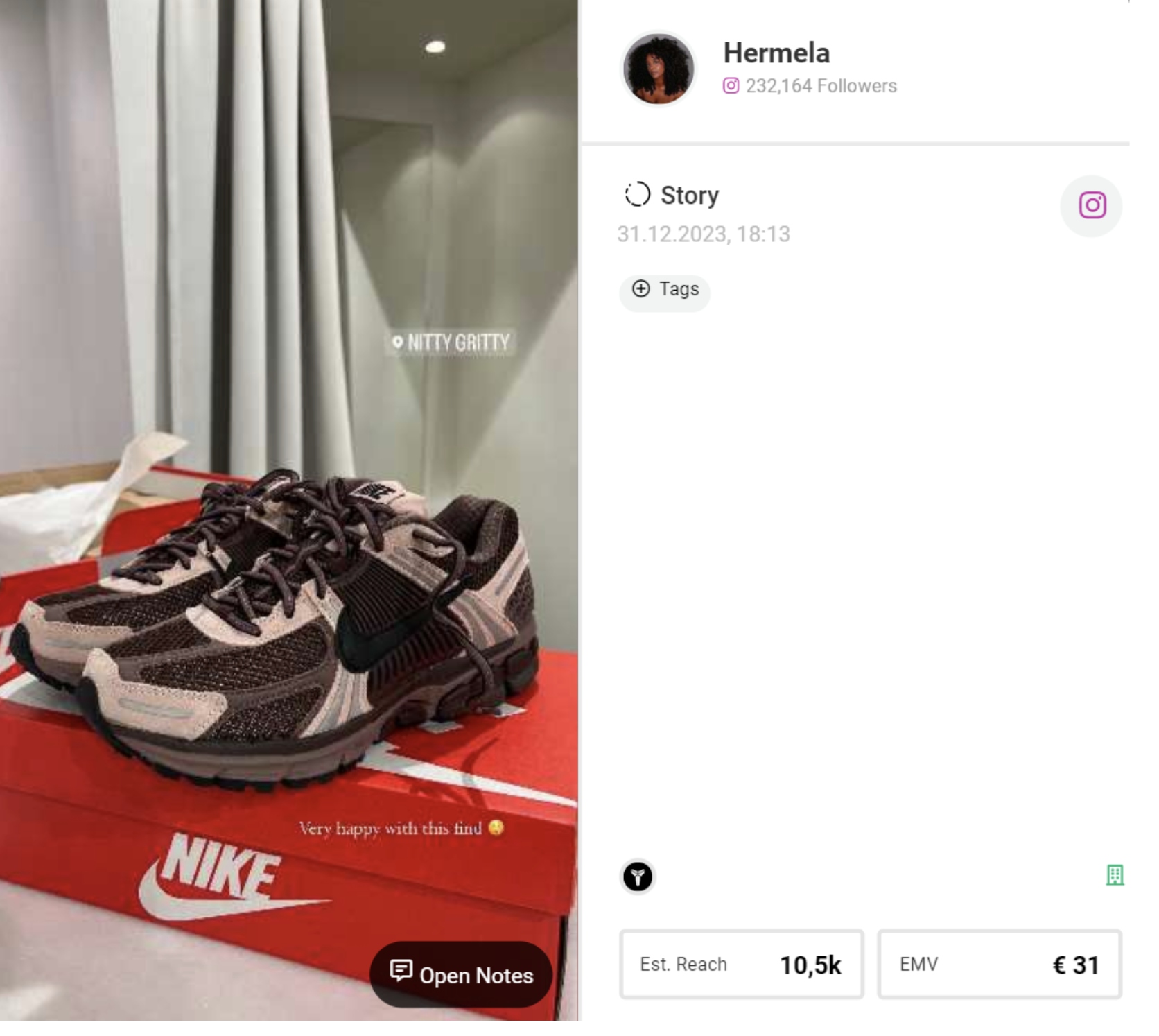 So you can find social media content where users show your products and logo, Like in this Instagram story showing Nike sneakers