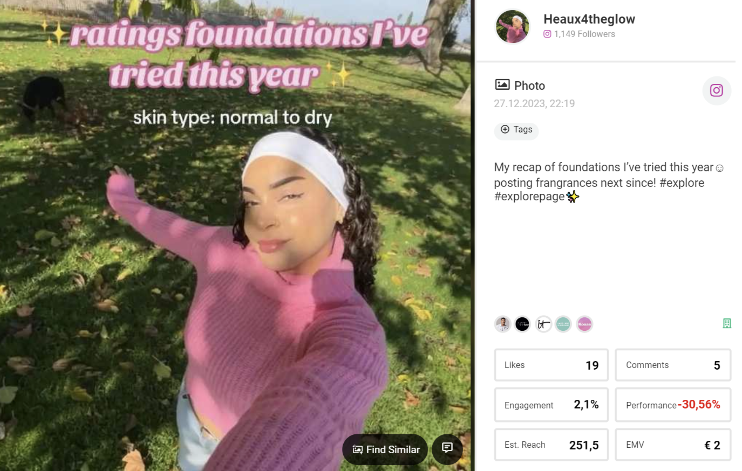 Hier ist ein Beispiel einer Instagram-Nutzerin, die verschiedene Foundations vergleicht, die sie ausprobiert hat, und dabei die Marken NARS, ITCosmetics und HausLabs by LadyGaga erwähnt