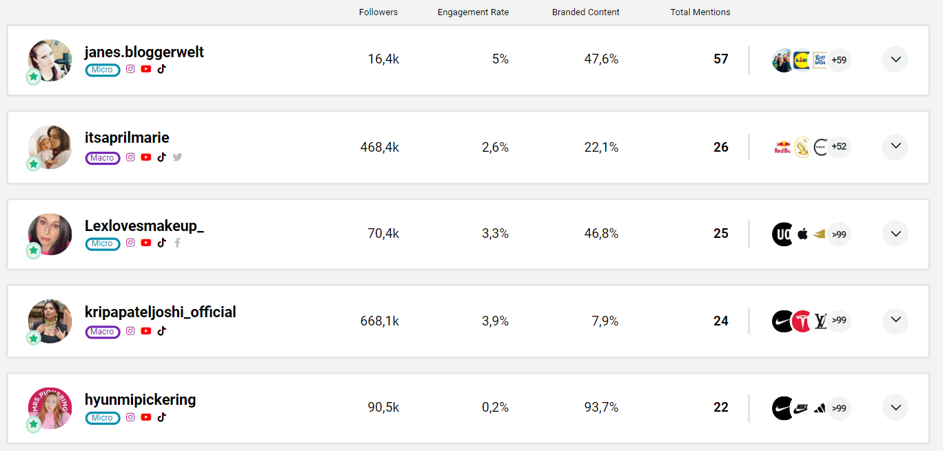 Image top five influencers that Temu has worked