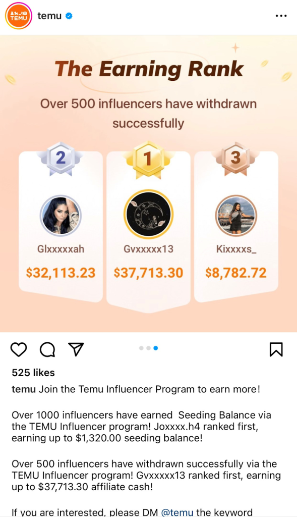 Das Bild zeigt, wie viel Geld andere Influencer verdient haben.