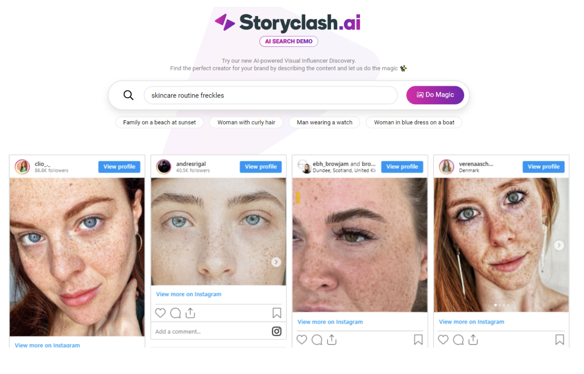 Image from the User Interface Storyclash AI Influencer search