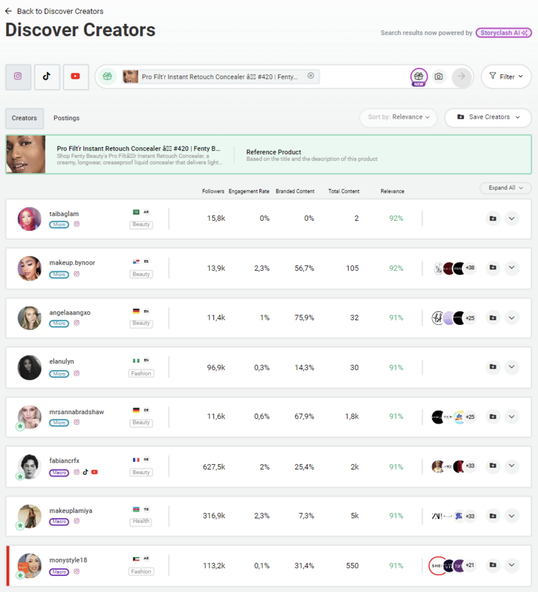 Benutzeroberfläche Product URL Search in Storyclash