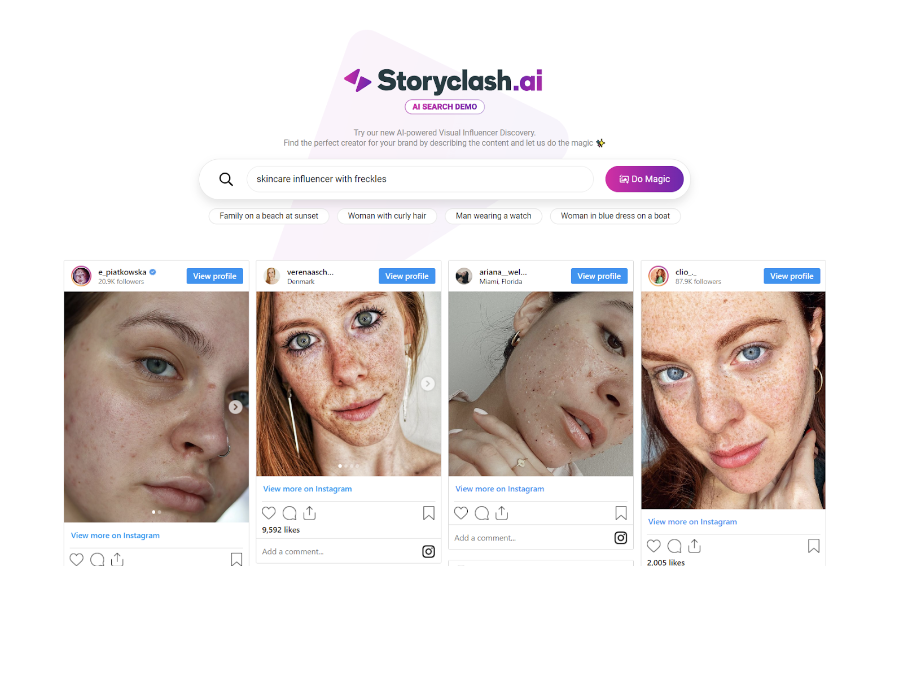 Image of the user interface of the AI influencer marketing software Storyclash and the results of the AI search