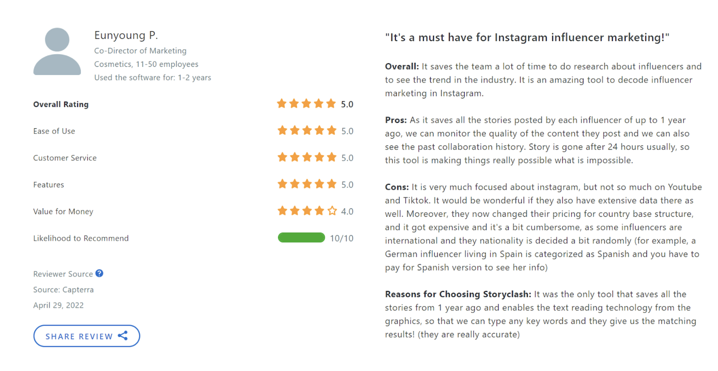 Image of a user's statement in reviews - Storyclash as a "must-have for Instagram influencer marketing