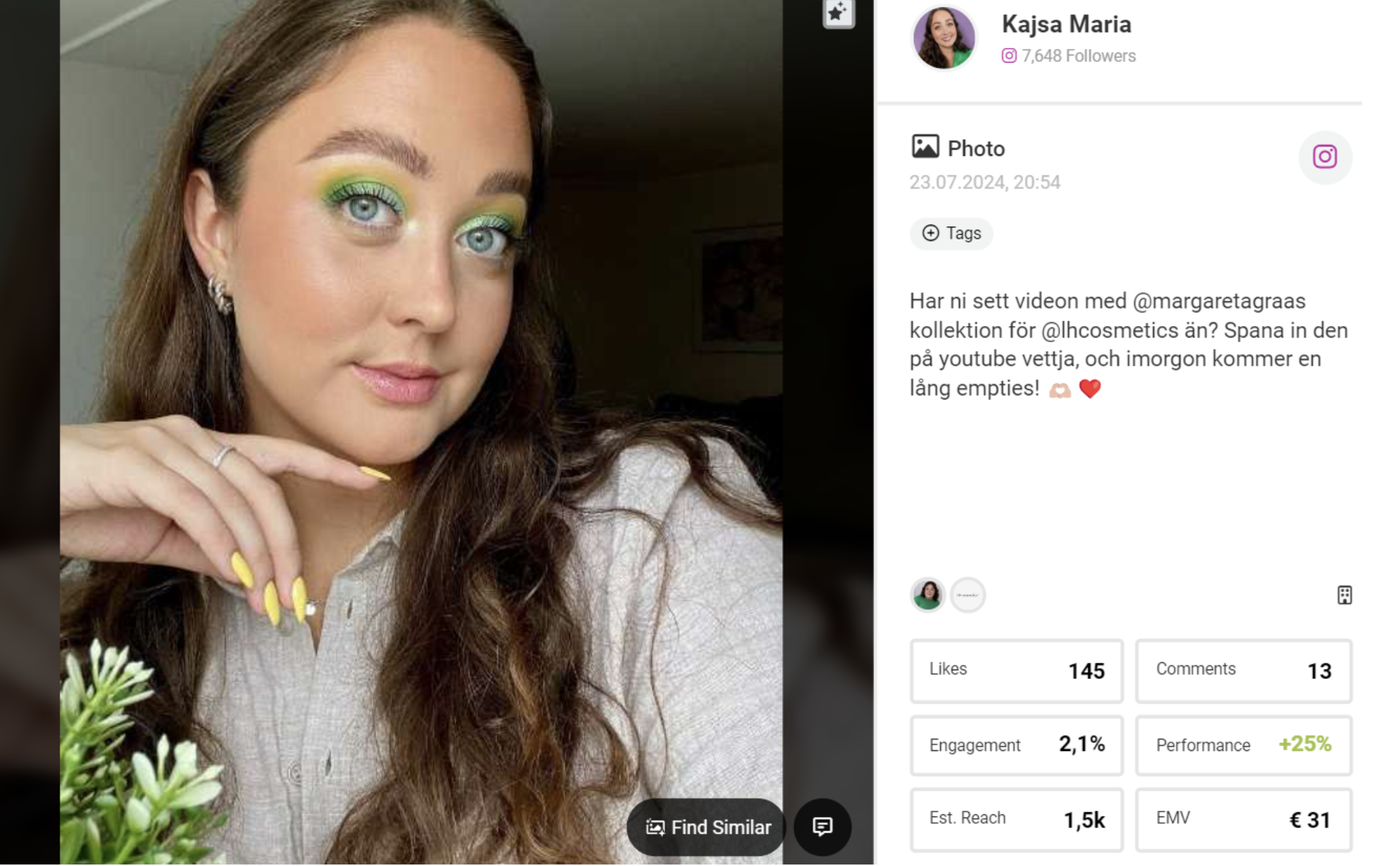 Abbildung Kasja Maria zum Beispiel teilte einen auffälligen Look, um die neue LH cosmetics x Margareta Grääs Kollektion zu bewerben